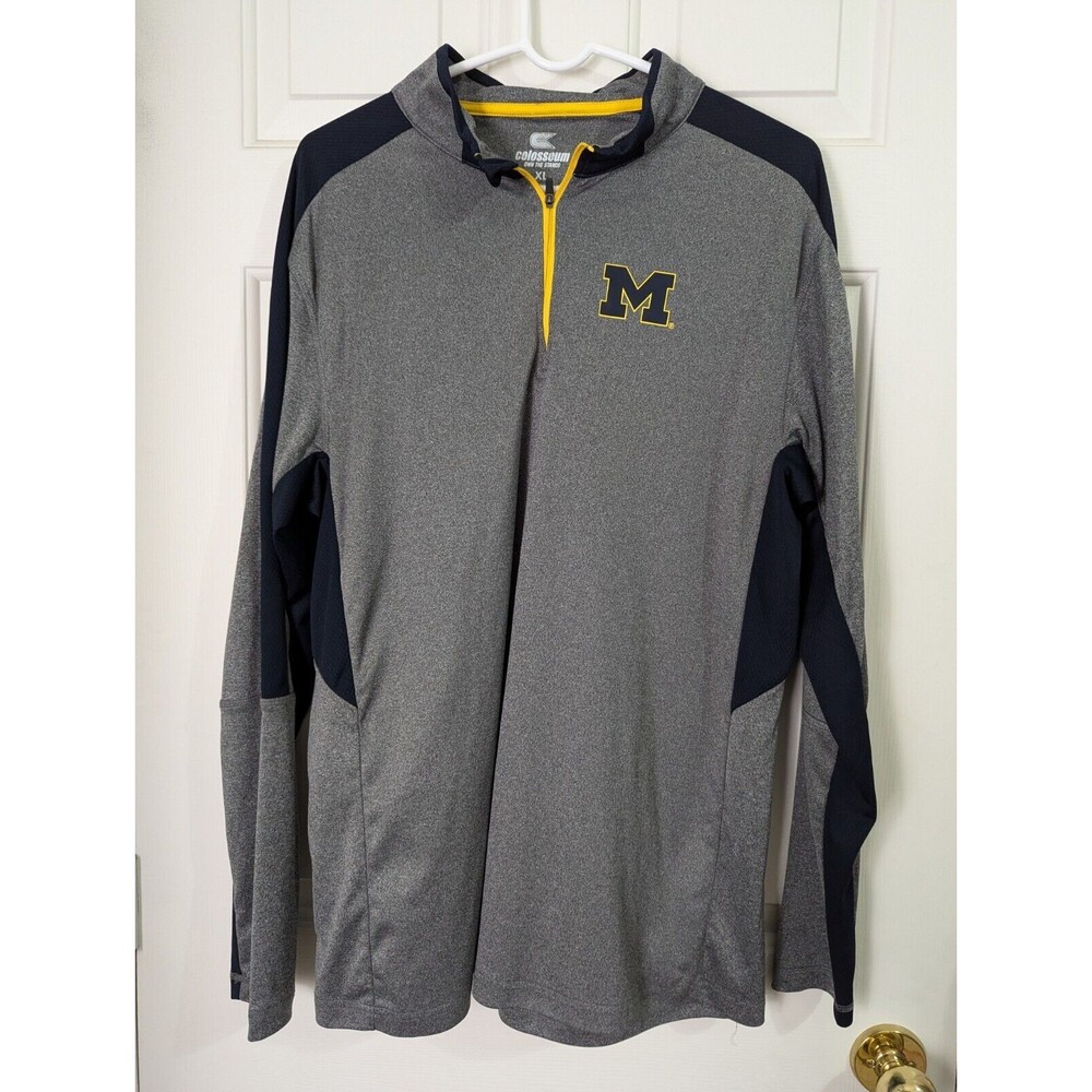 Colosseum Michigan Wolverines UofM Mens XL Pullover Gray Navy 1/4 Zip Stretch